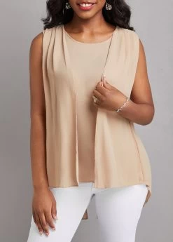 Light Coffee Fake 2in1 Zipper Tank Top