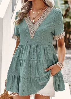 Green Smocked Short Sleeve V Neck T Shirt