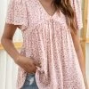 Pink Smocked Ditsy Floral Print Short Sleeve Blouse