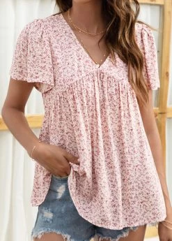 Pink Smocked Ditsy Floral Print Short Sleeve Blouse