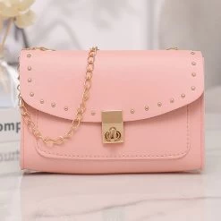 Pink Turnlock Chains Rivet Shoulder Bag