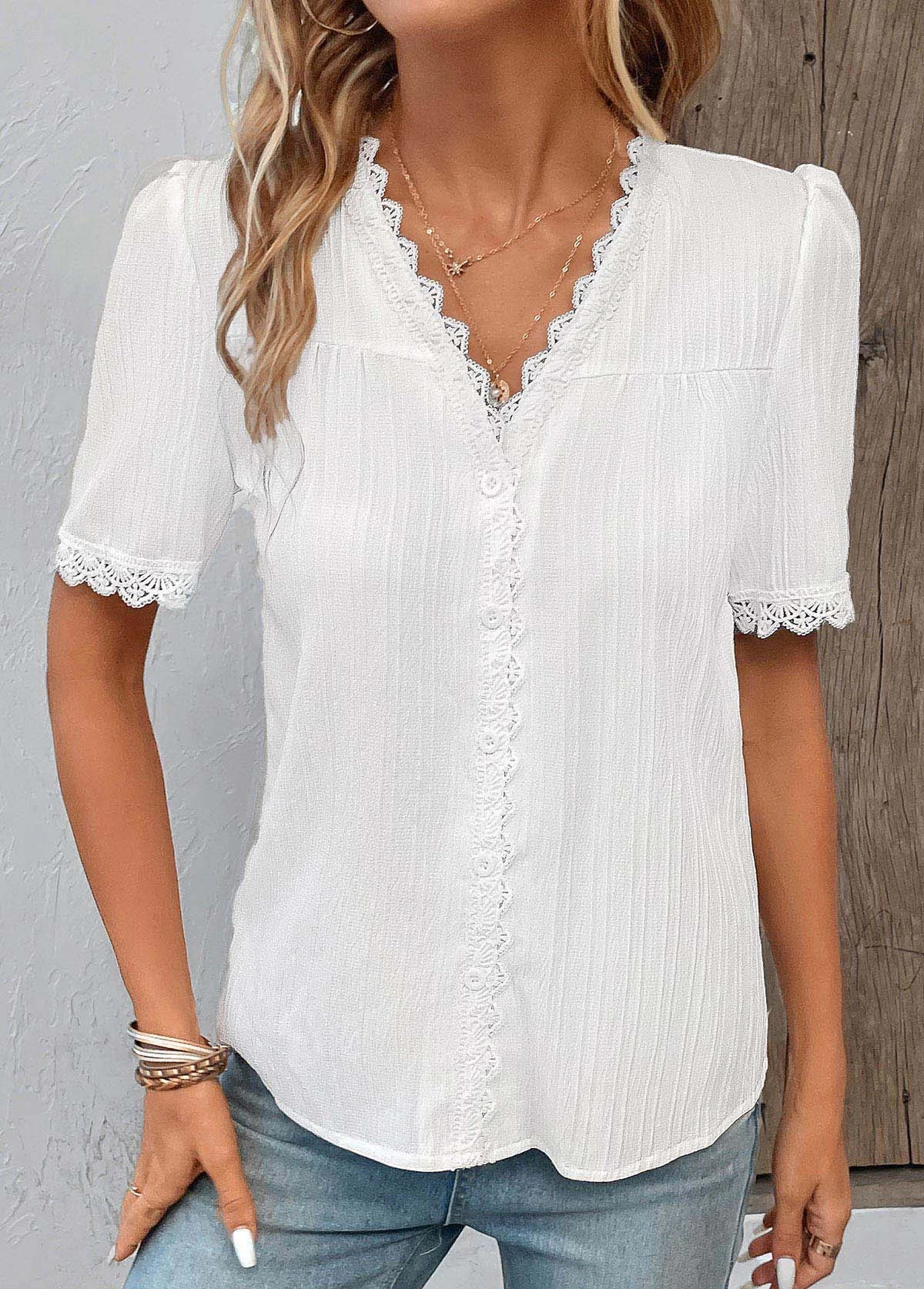 White Patchwork Short Sleeve V Neck Blouse - Image 6