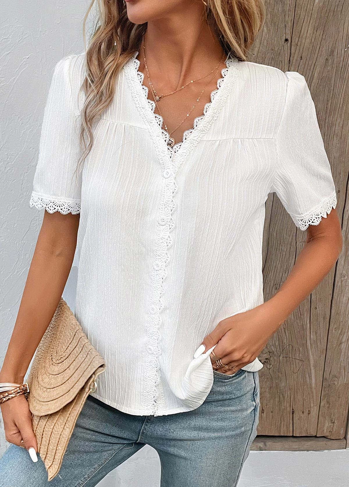 White Patchwork Short Sleeve V Neck Blouse