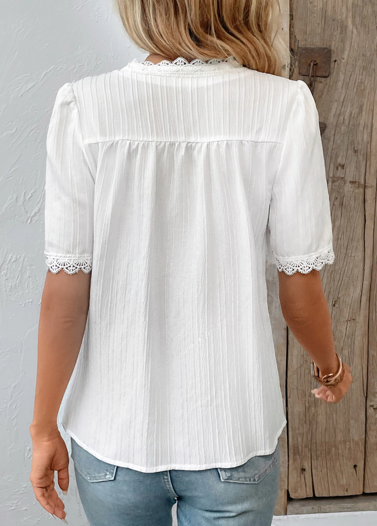 White Patchwork Short Sleeve V Neck Blouse - Image 2