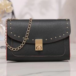 Black Turnlock Chains Rivet Shoulder Bag