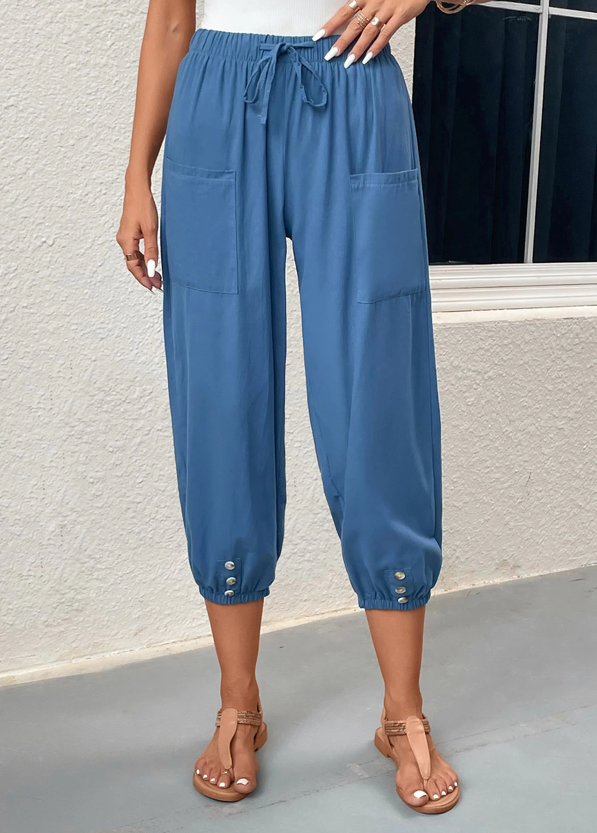 Blue Pocket Elastic Waist High Waisted Jogger Pants - Image 5