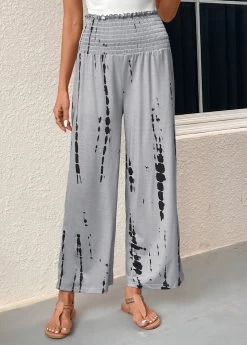 Grey Smocked Graffiti Print Elastic Waist Pants