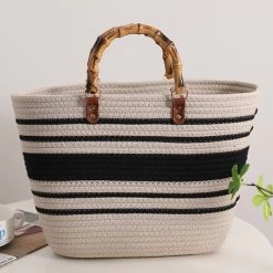 White Striped Open Contrast Hand Bag