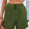 Olive Green Pocket Drawastring High Waisted Shorts