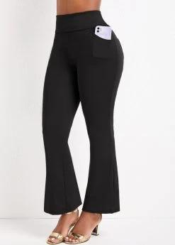 Black Pocket Flare Leg Elastic Waist Pants