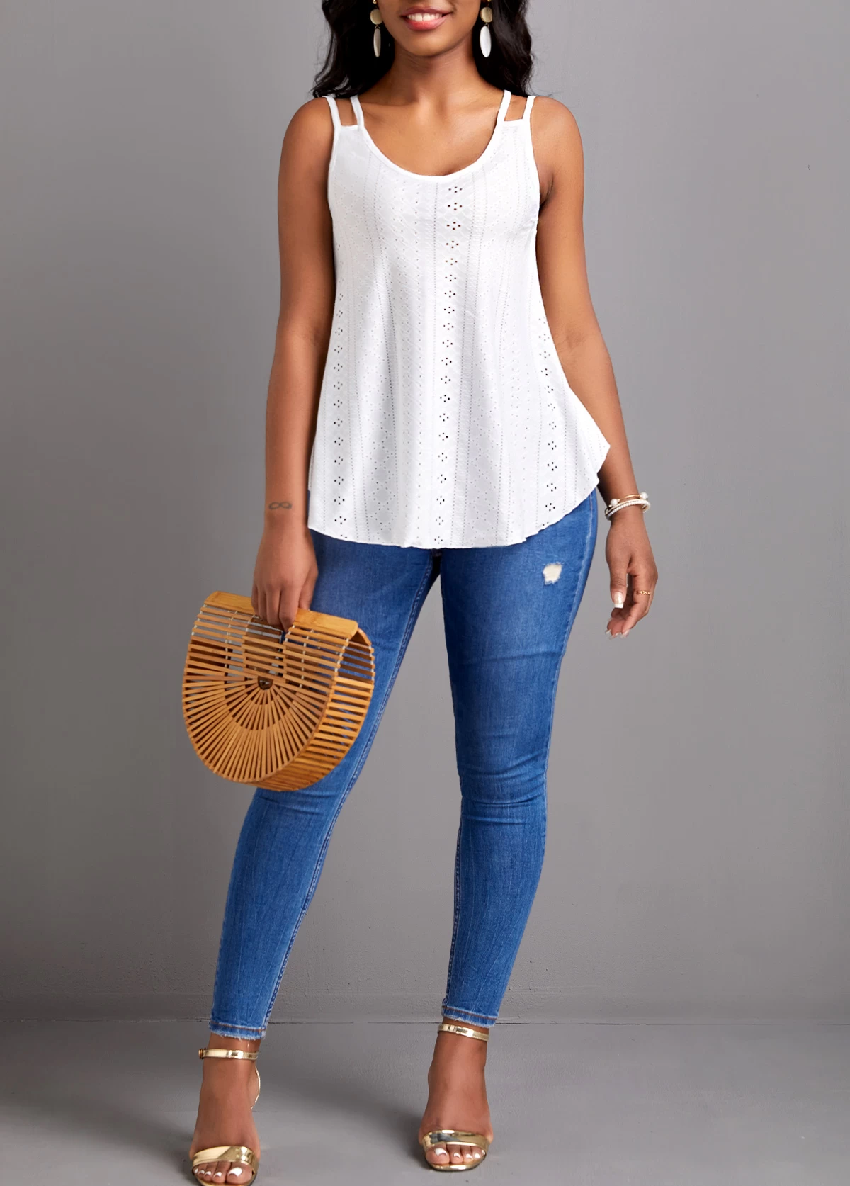 White Breathable Strappy Scoop Neck Camisole Top - Image 5
