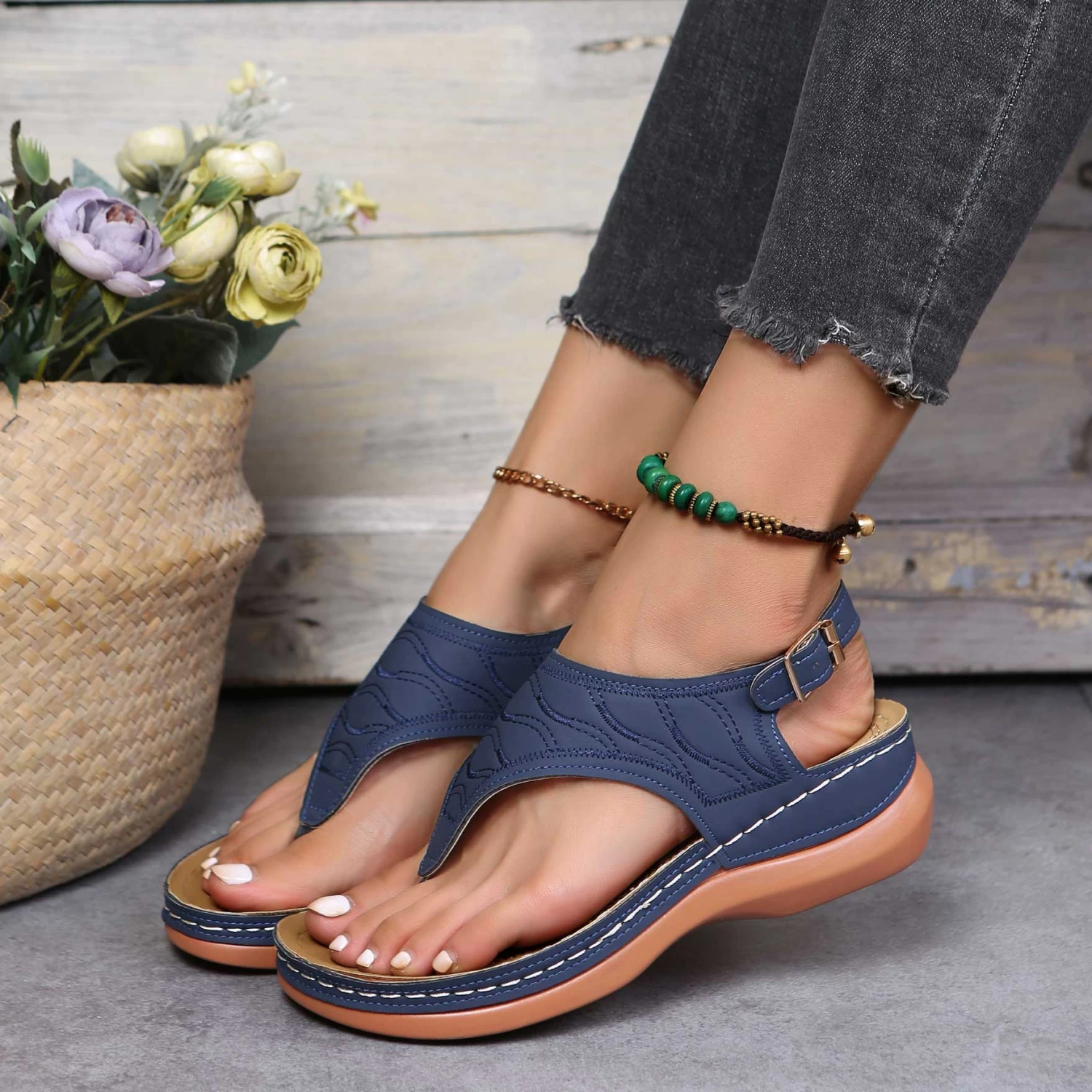 Navy Toe Post Mid Heel Sandals - Image 2