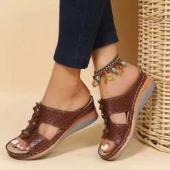 Floral Dark Camel Open Toe Mid Heel Sliders