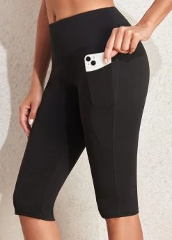 Black Mid Waisted Knee Length Elastic Waist Leggings