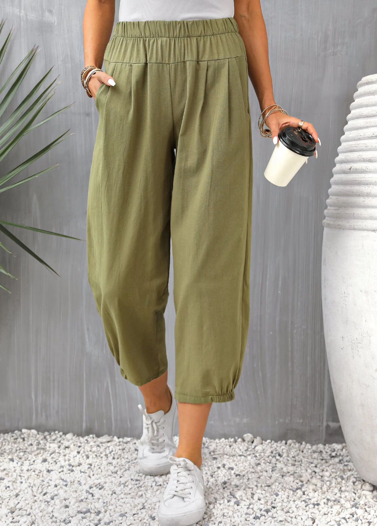 Olive Green Pocket Regular Elastic Waist Pants - Image 4