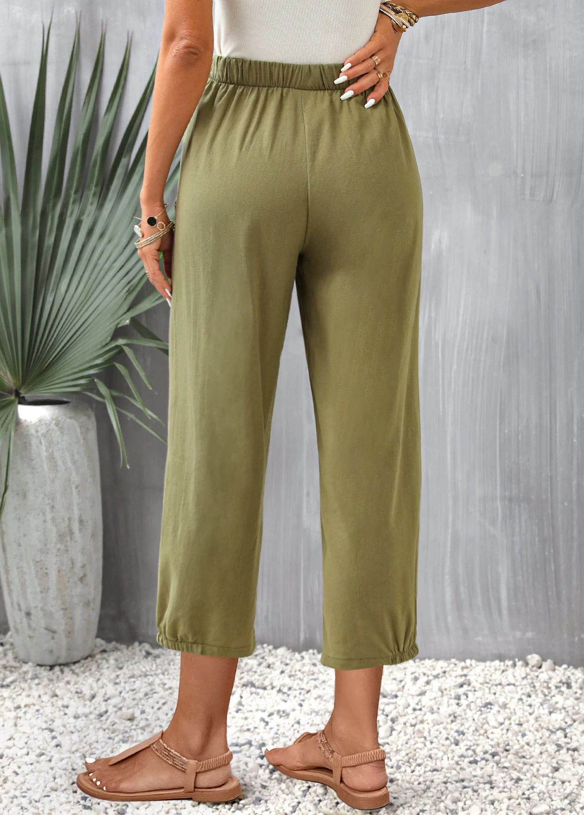 Olive Green Pocket Regular Elastic Waist Pants - Image 2