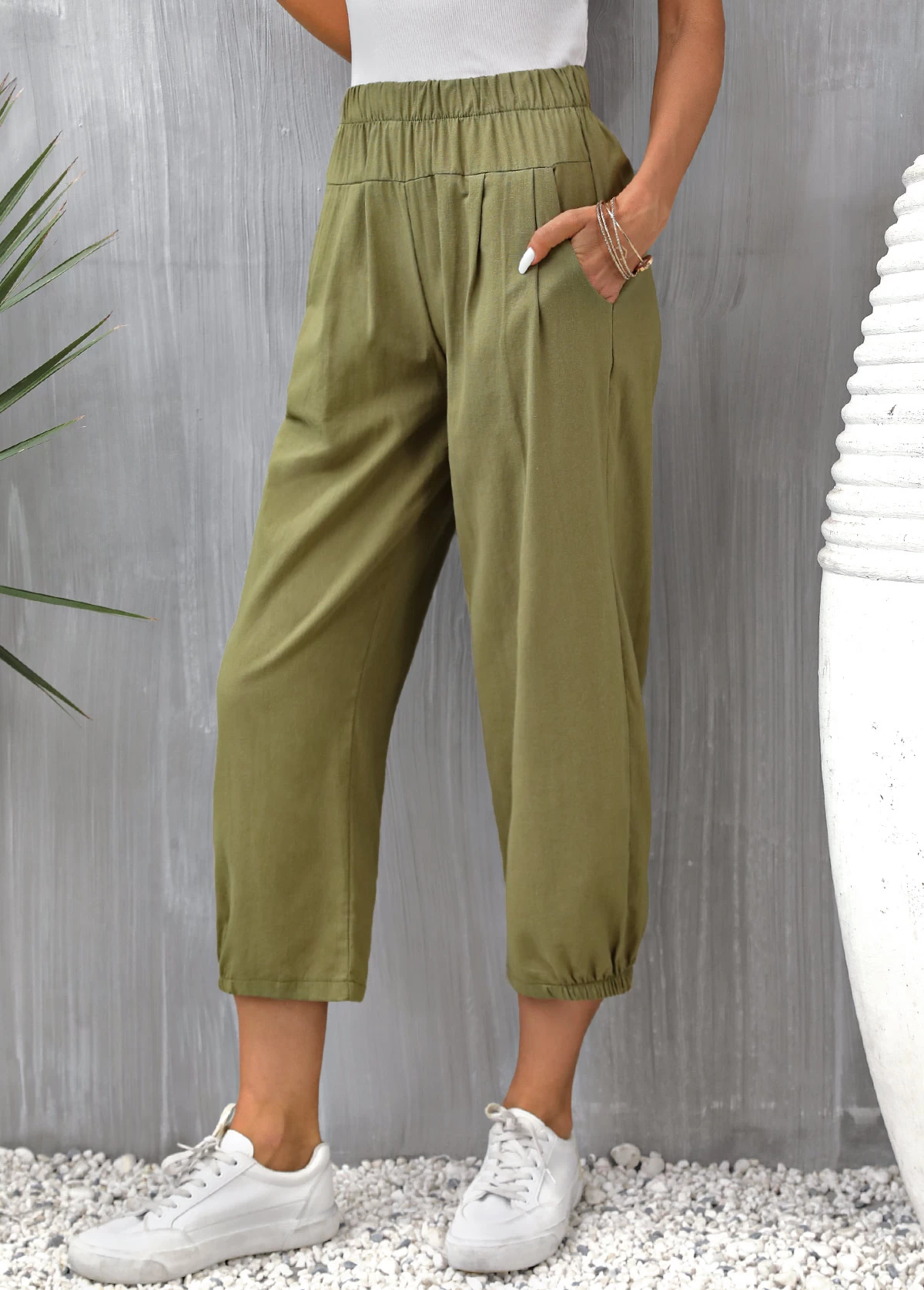 Olive Green Pocket Regular Elastic Waist Pants - Image 3