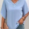 Dusty Blue Patchwork Half Sleeve V Neck Blouse