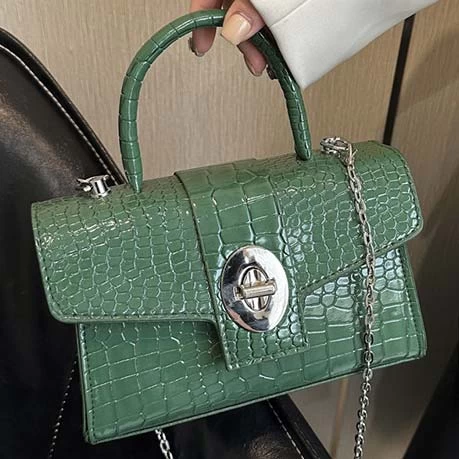 PU Detail Green Turnlock Chains Hand Bag - Image 2