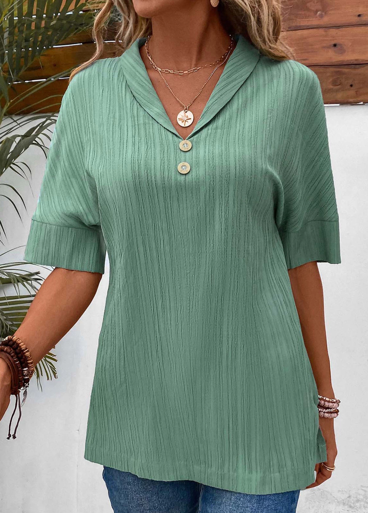 Sage Green Button Short Sleeve Blouse - Image 5