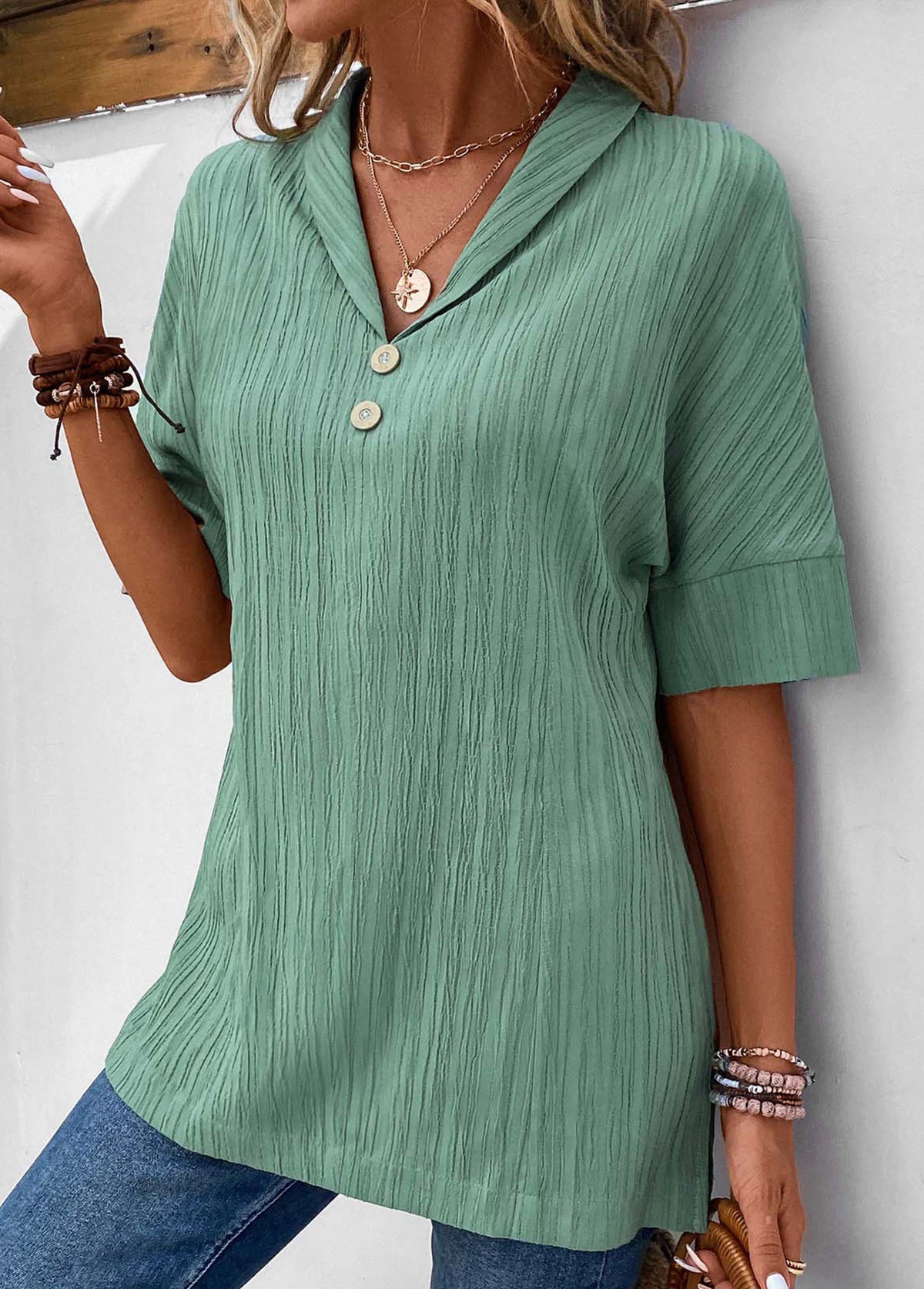 Sage Green Button Short Sleeve Blouse