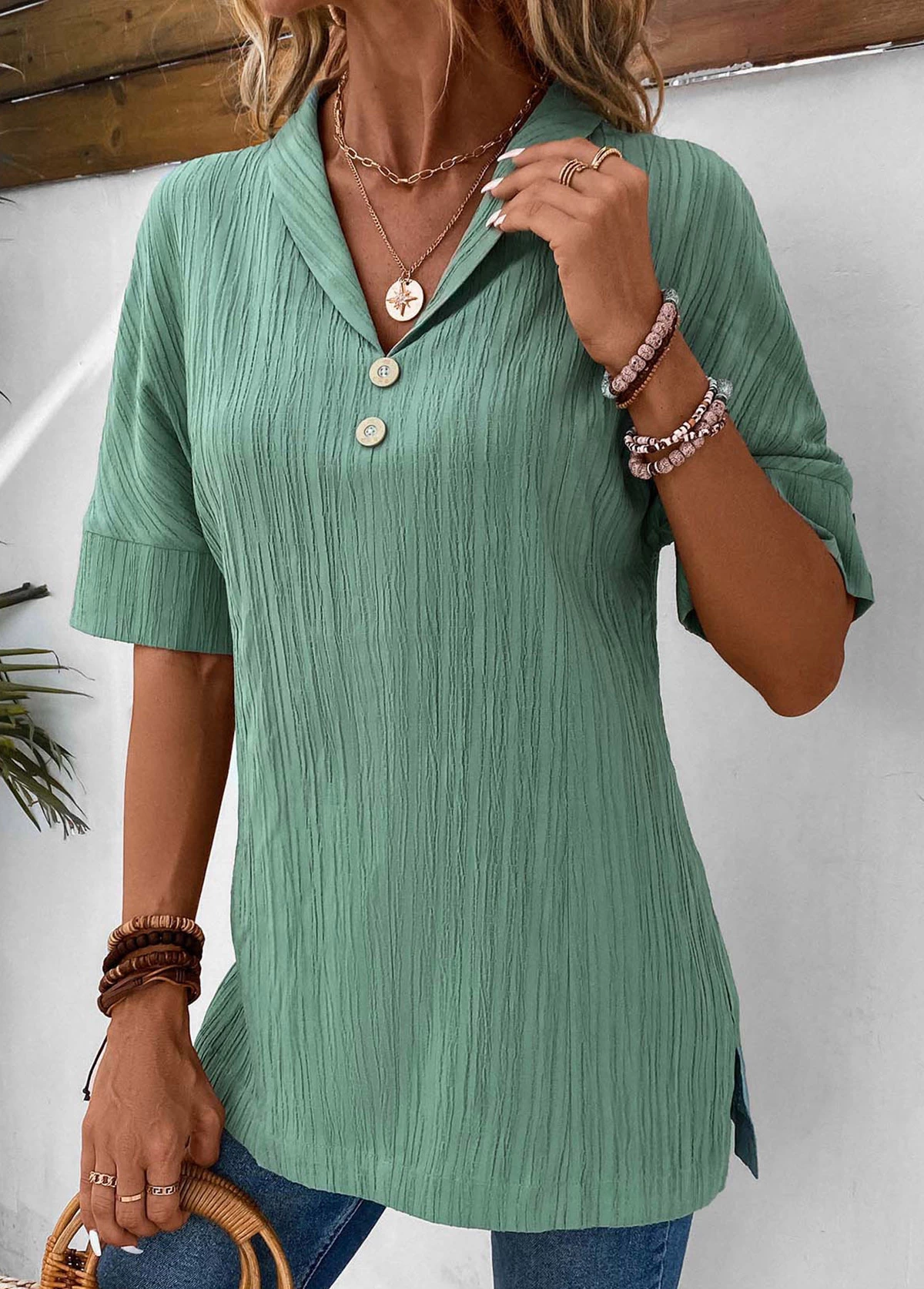 Sage Green Button Short Sleeve Blouse - Image 3