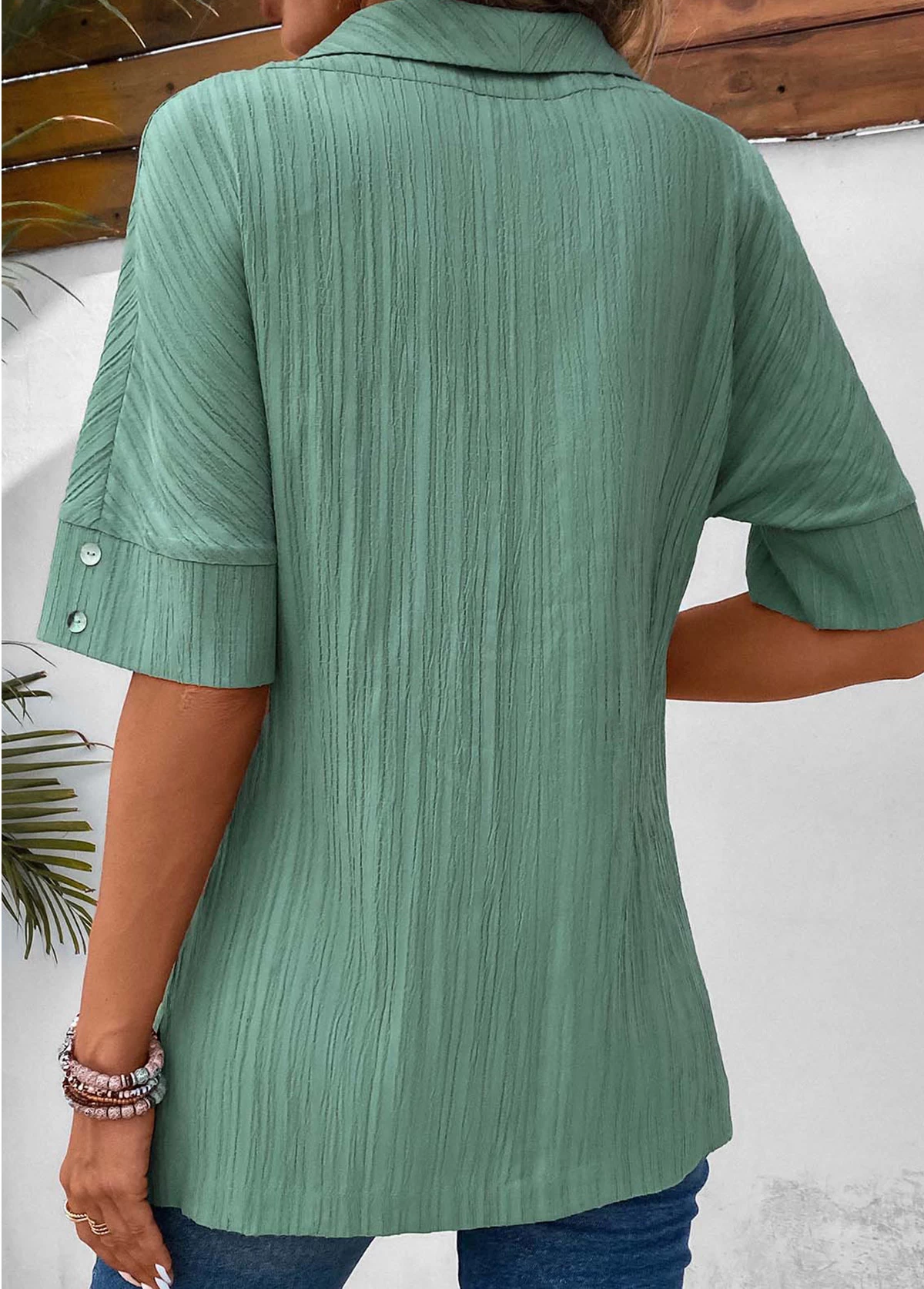Sage Green Button Short Sleeve Blouse - Image 2