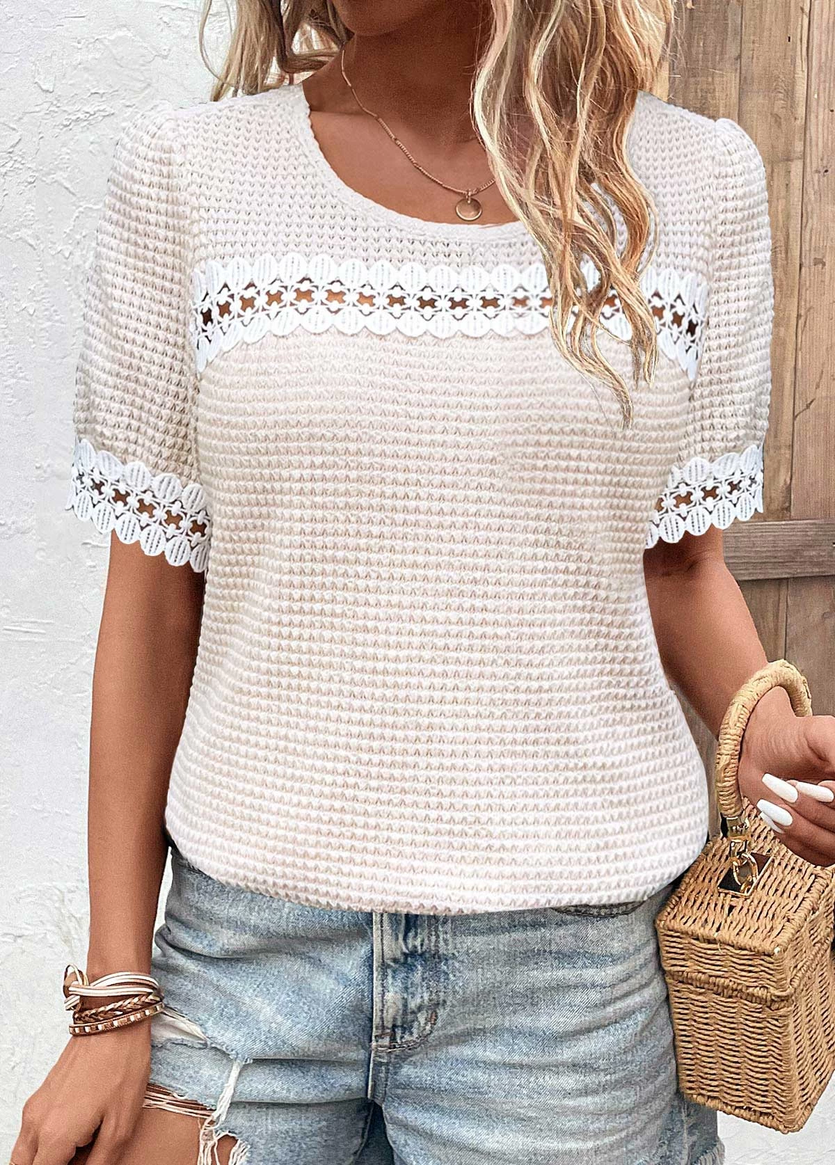 Beige Patchwork Short Sleeve Round Neck T Shirt - Image 3