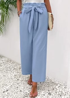 Dusty Blue Pocket Elastic Waist High Waisted Pants