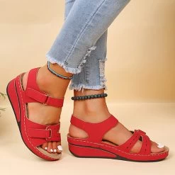 Red Peep Toe Mid Heel Velcro Sandals