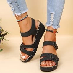 Black Velcro Peep Toe Mid Heel Sandals