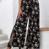 Black Split Ditsy Floral Print Flare Leg Pants