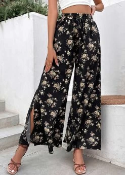 Black Split Ditsy Floral Print Flare Leg Pants