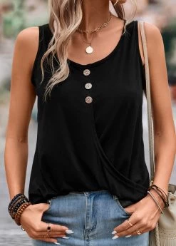 Black Button Lightweight Scoop Neck Tank Top