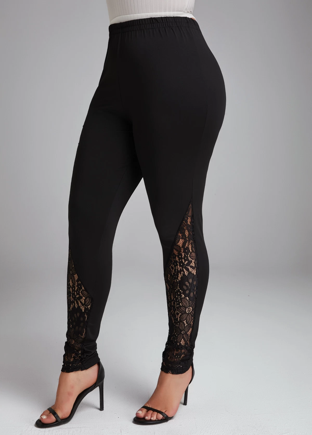 Black Lace Skinny Elastic Waist High Waisted Pants - Image 4