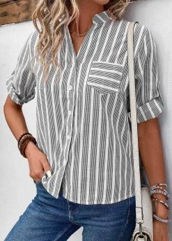 Grey Button Striped Short Sleeve Split Neck Blouse