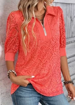 Coral Zipper Half Sleeve Shirt Collar Blouse
