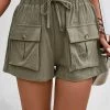 Olive Green Pocket Elastic Waist High Waisted Shorts