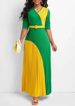 Green Pleated Belted Half Sleeve Maxi Dress