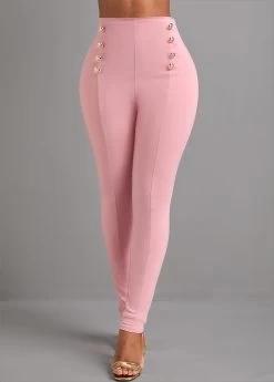 Pink Button Skinny Elastic Waist High Waisted Pants
