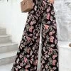 Black Lightweigh Floral Print Elastic Waist Pants