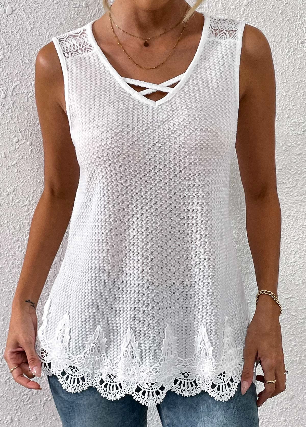 White Lace V Neck Tank Top - Image 5