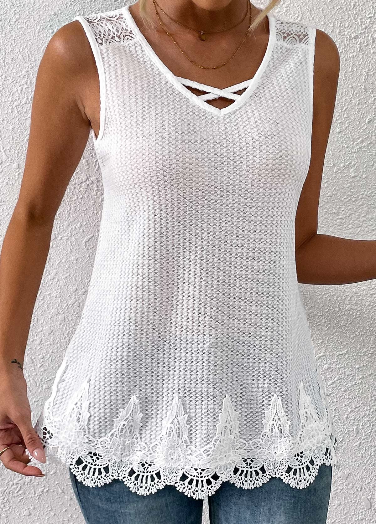 White Lace V Neck Tank Top - Image 4