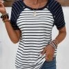 Navy Patchwork Striped Short Sleeve T Shirt