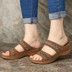 Dark Coffee Open Toe Low Heel Sliders