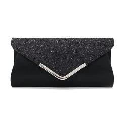 Black Magnetic Sequined V Design Evening Bag