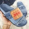 Denim Blue Open Toe Falt Slippers
