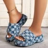 Denim Blue Plaid Open Toe Low Heel Slippers