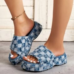Denim Blue Plaid Open Toe Low Heel Slippers