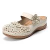 Beige Round Toe Low Heel Floral Sliders